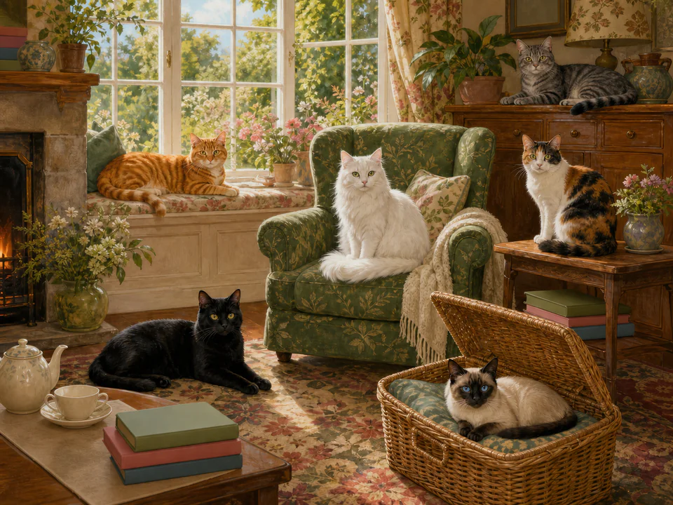 Playful Cats by the Window, an illustrated cats & animals jigsaw puzzle scene