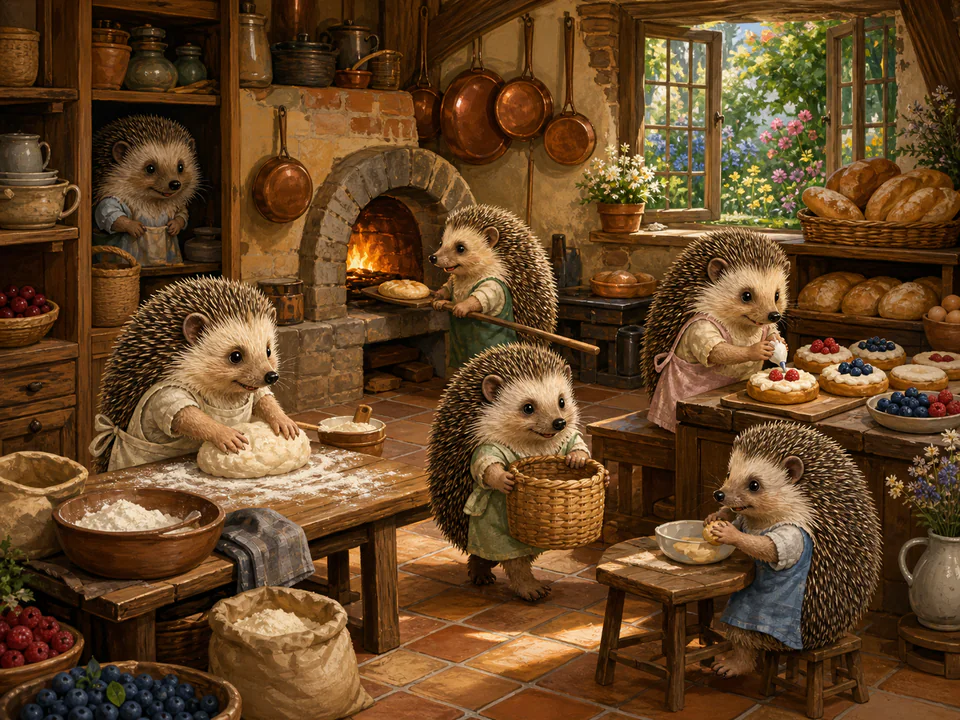 Playful Hedgehog Bakery, an illustrated cats & animals jigsaw puzzle scene