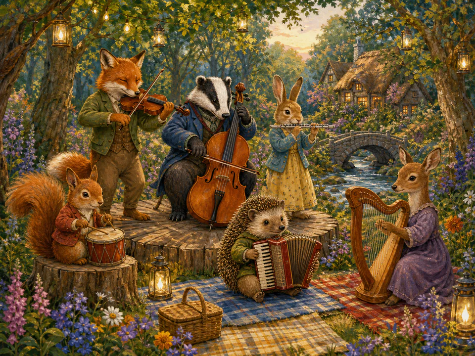 Playful Woodland Musicians, an illustrated cats & animals jigsaw puzzle scene