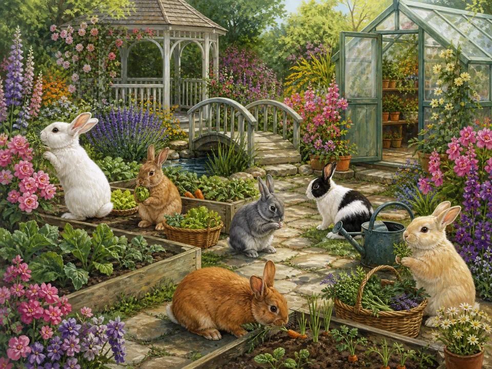 Gentle Garden Rabbits, an illustrated cats & animals jigsaw puzzle scene