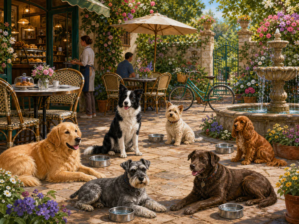 Gentle Dogs at the Café, an illustrated cats & animals jigsaw puzzle scene