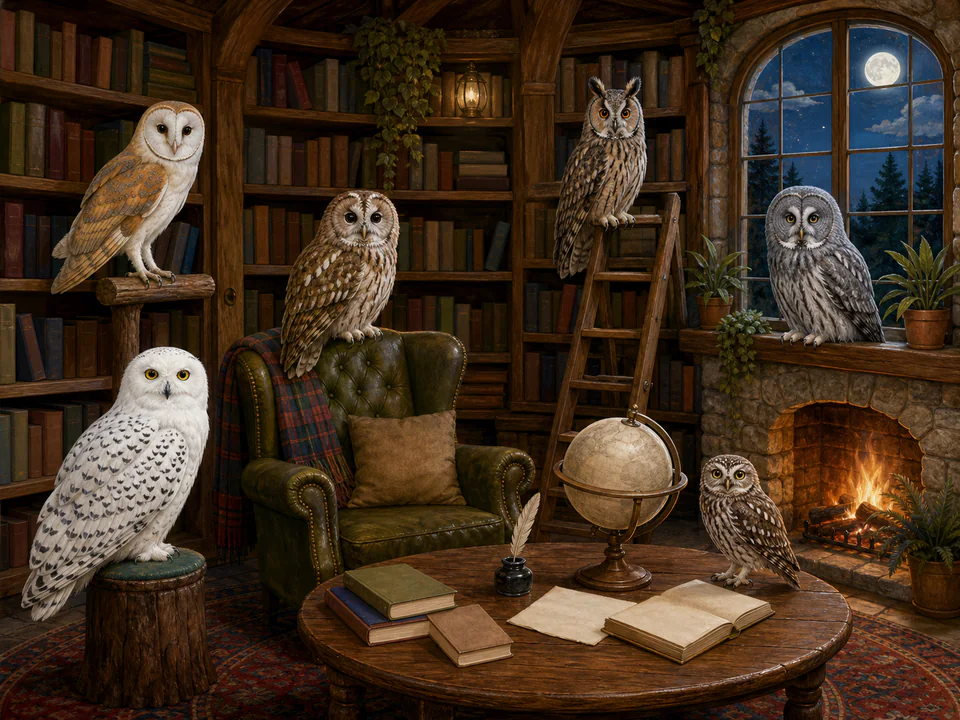 Gentle Owls in the Library, an illustrated cats & animals jigsaw puzzle scene