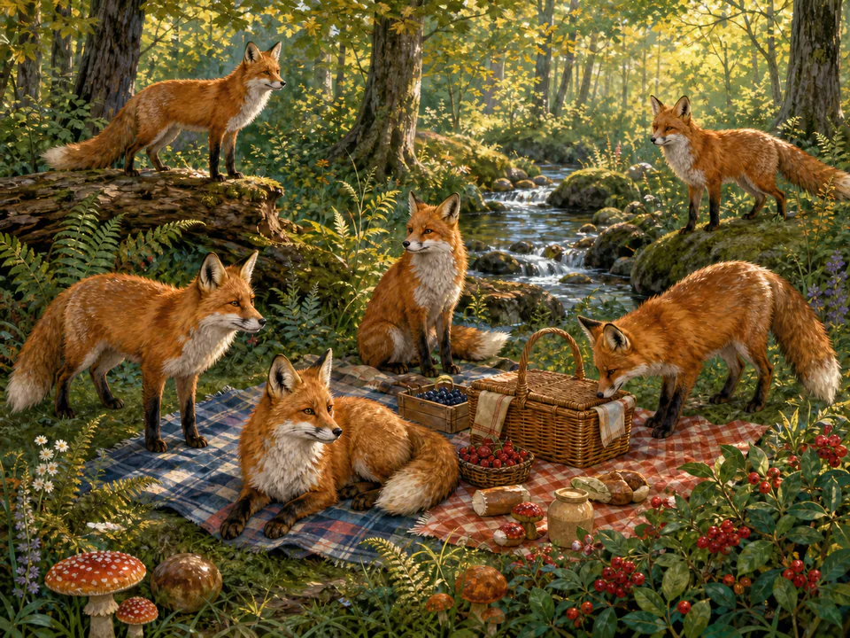 Gentle Forest Picnic, an illustrated cats & animals jigsaw puzzle scene