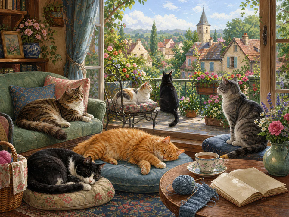Gentle Cats by the Window, an illustrated cats & animals jigsaw puzzle scene