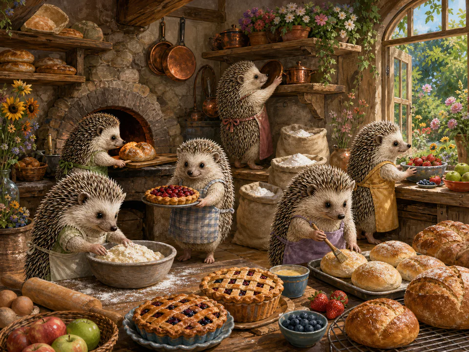 Gentle Hedgehog Bakery, an illustrated cats & animals jigsaw puzzle scene