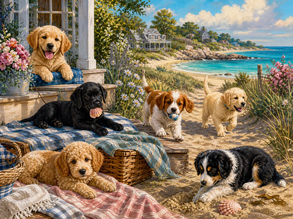 Gentle Seaside Puppies, an illustrated cats & animals jigsaw puzzle scene