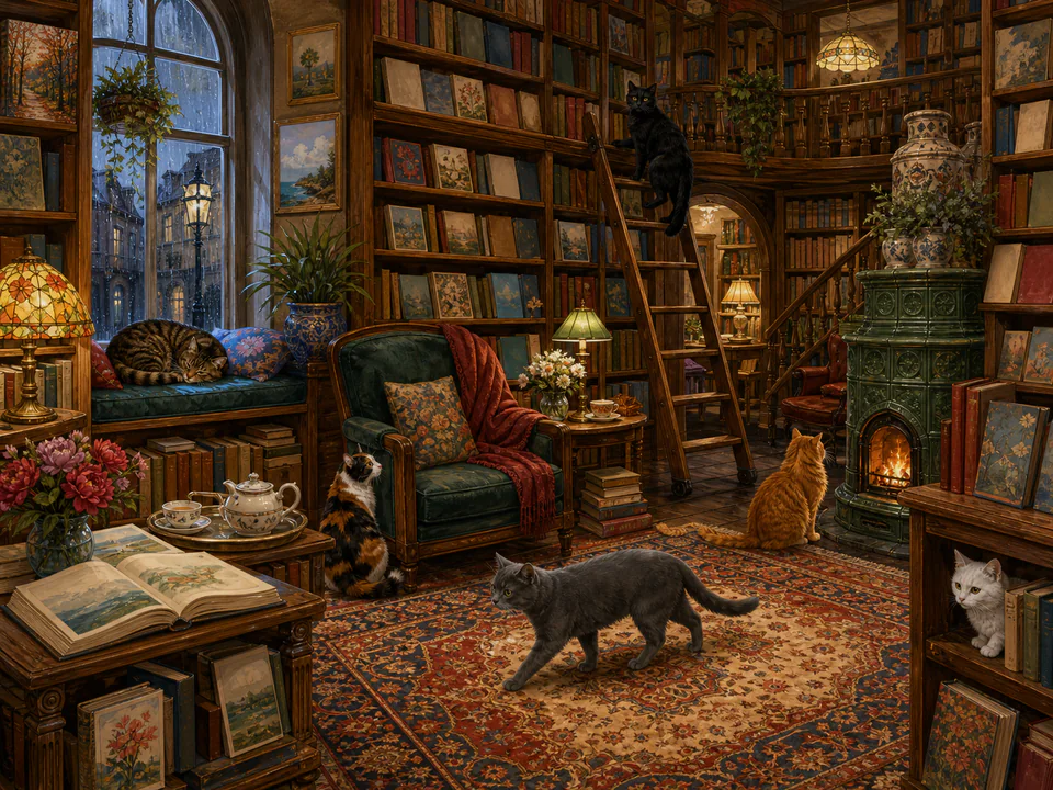 Whiskered Cats in a Bookshop, an illustrated cats & animals jigsaw puzzle scene