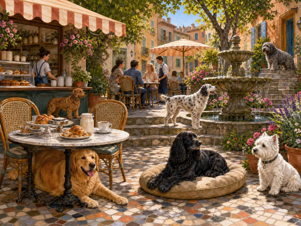 Whiskered Dogs at the Café, an illustrated cats & animals jigsaw puzzle scene
