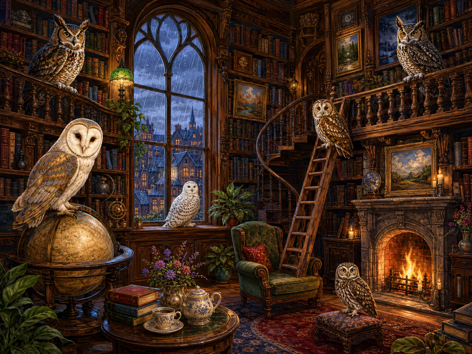 Whiskered Owls in the Library, an illustrated cats & animals jigsaw puzzle scene