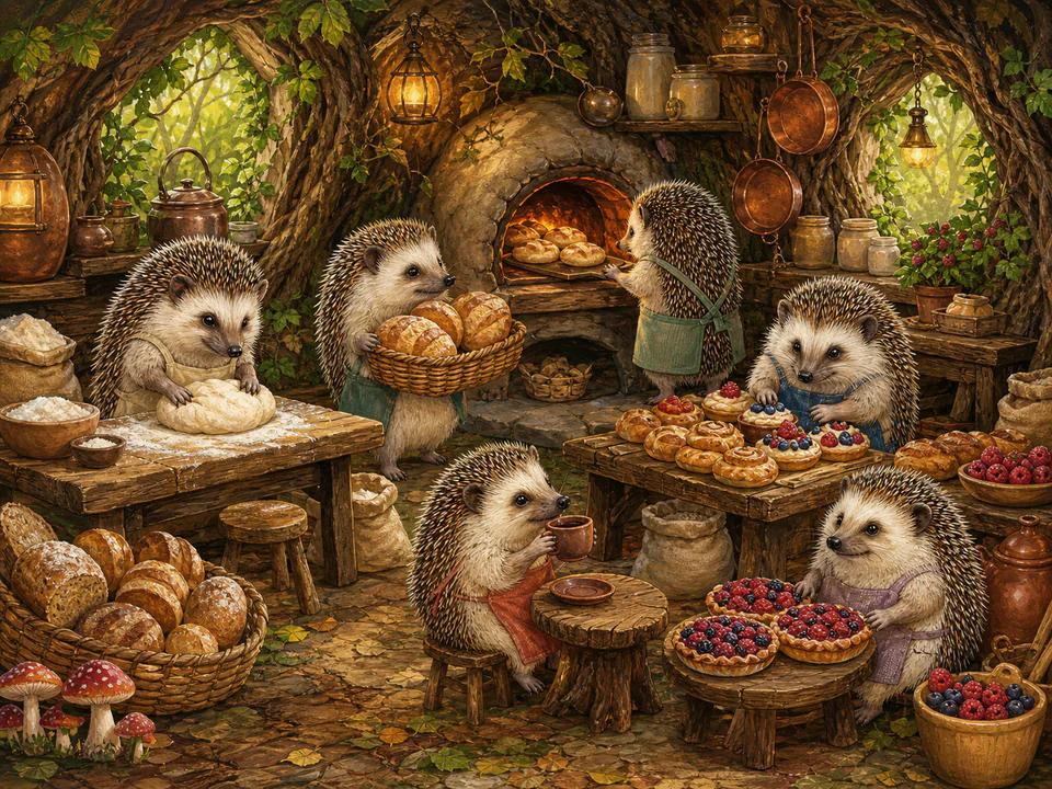 Whiskered Hedgehog Bakery, an illustrated cats & animals jigsaw puzzle scene