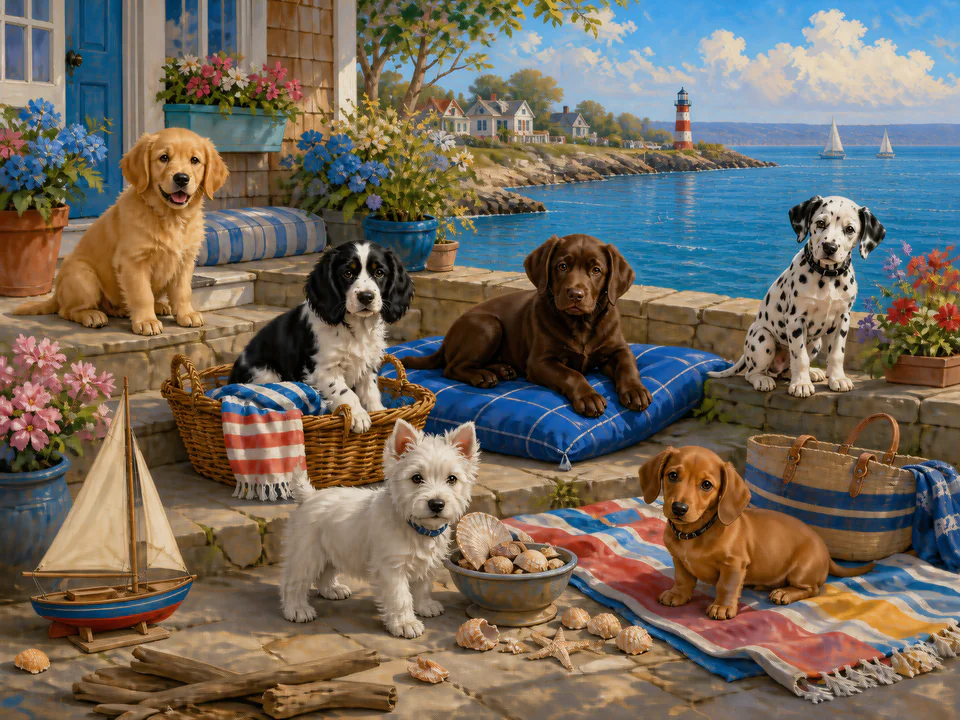 Whiskered Seaside Puppies, an illustrated cats & animals jigsaw puzzle scene