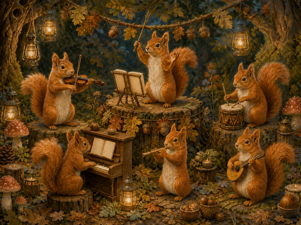 Whiskered Woodland Musicians, an illustrated cats & animals jigsaw puzzle scene