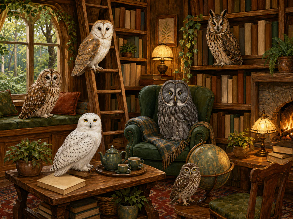 Woodland Owls in the Library, an illustrated cats & animals jigsaw puzzle scene
