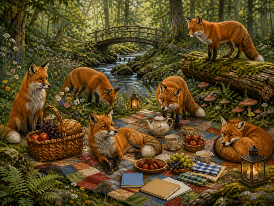 Woodland Forest Picnic, an illustrated cats & animals jigsaw puzzle scene