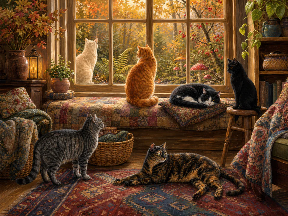 Woodland Cats by the Window, an illustrated cats & animals jigsaw puzzle scene