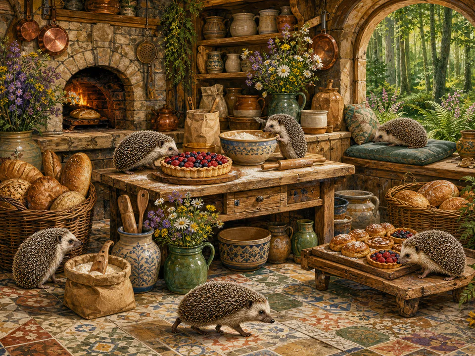 Woodland Hedgehog Bakery, an illustrated cats & animals jigsaw puzzle scene