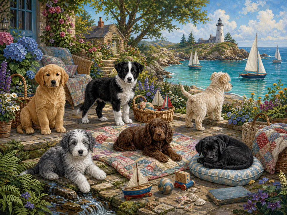Woodland Seaside Puppies, an illustrated cats & animals jigsaw puzzle scene
