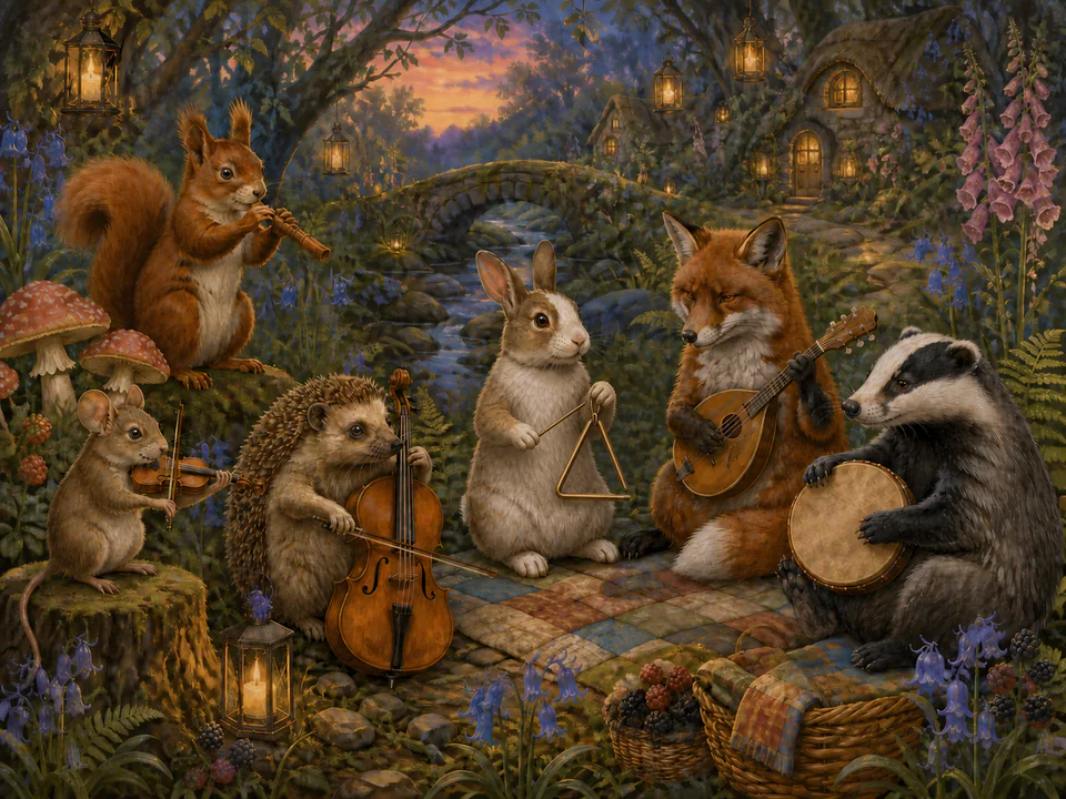 Woodland Woodland Musicians, an illustrated cats & animals jigsaw puzzle scene