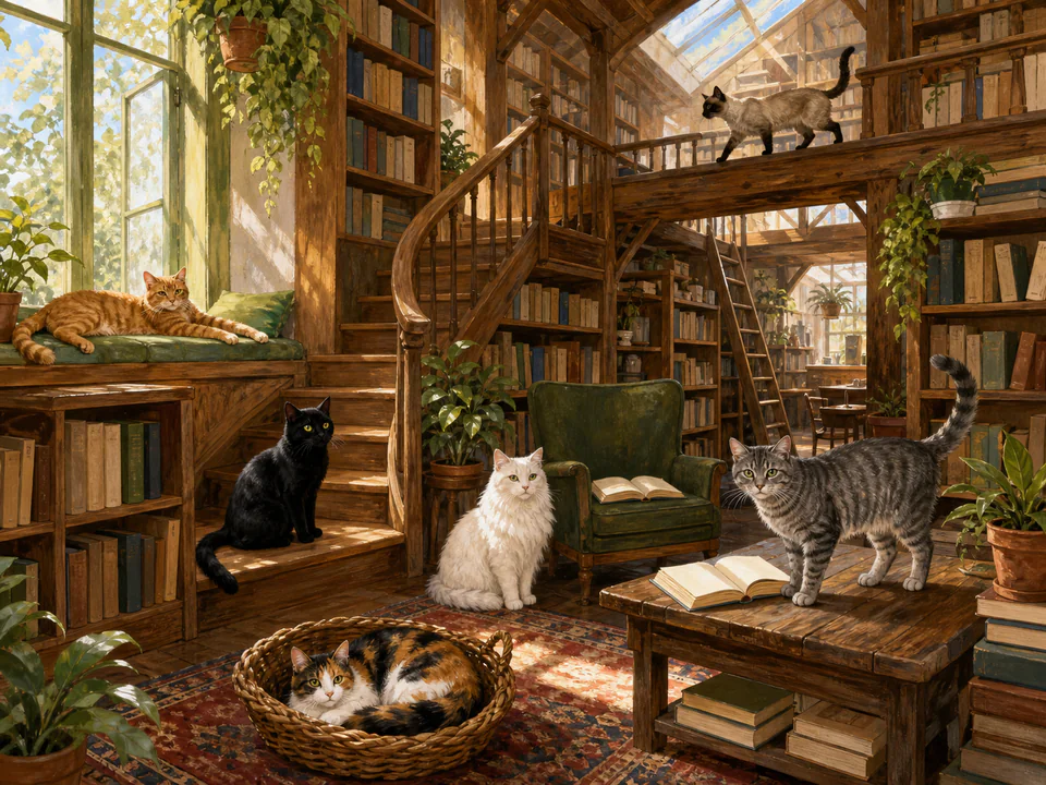 Sunny Cats in a Bookshop, an illustrated cats & animals jigsaw puzzle scene