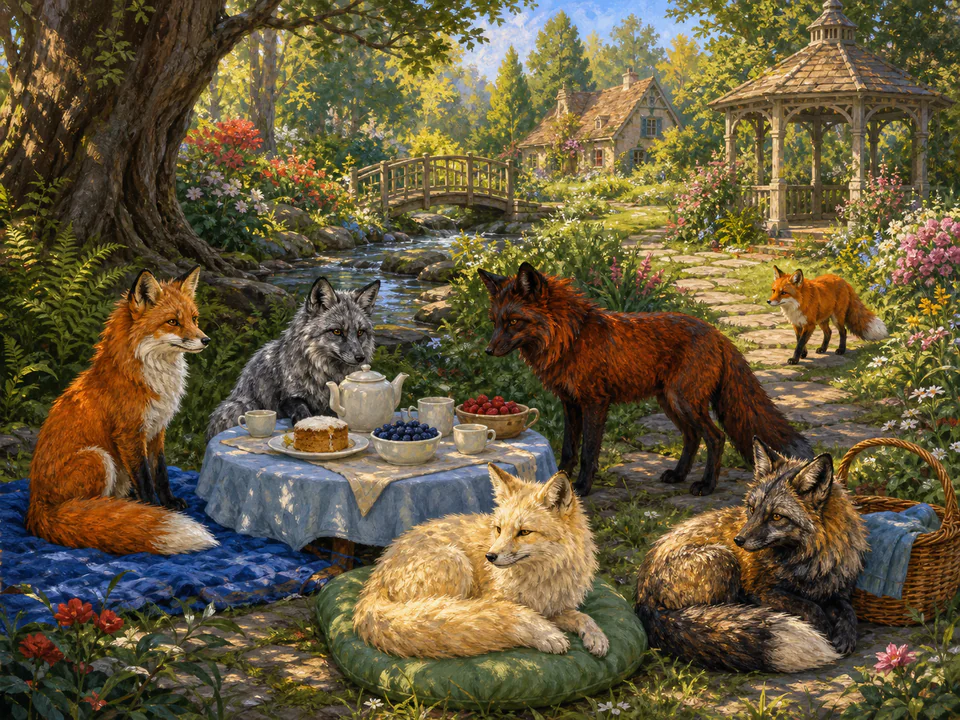 Sunny Fox Tea Party, an illustrated cats & animals jigsaw puzzle scene