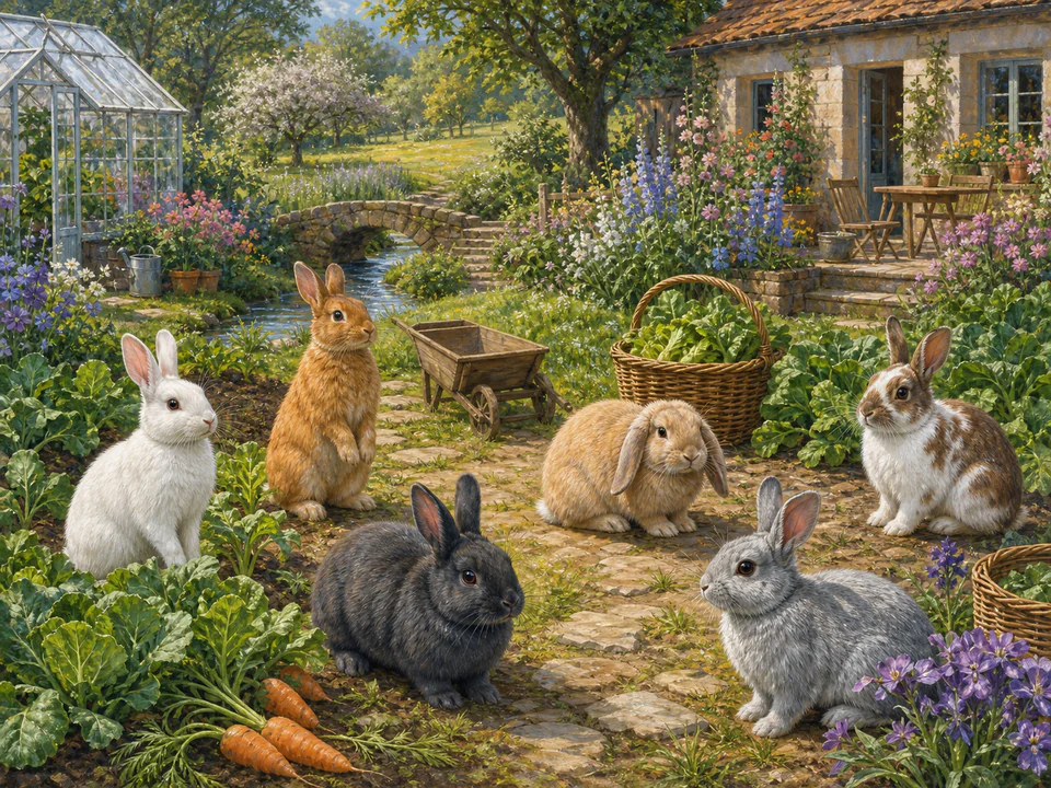 Sunny Garden Rabbits, an illustrated cats & animals jigsaw puzzle scene