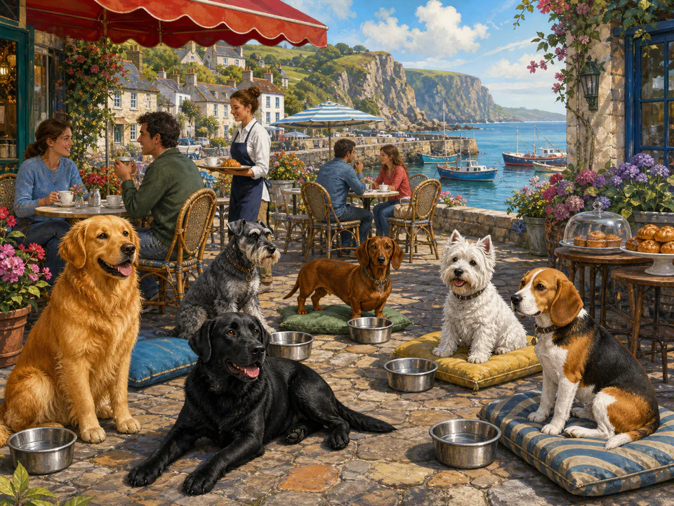 Sunny Dogs at the Café, an illustrated cats & animals jigsaw puzzle scene