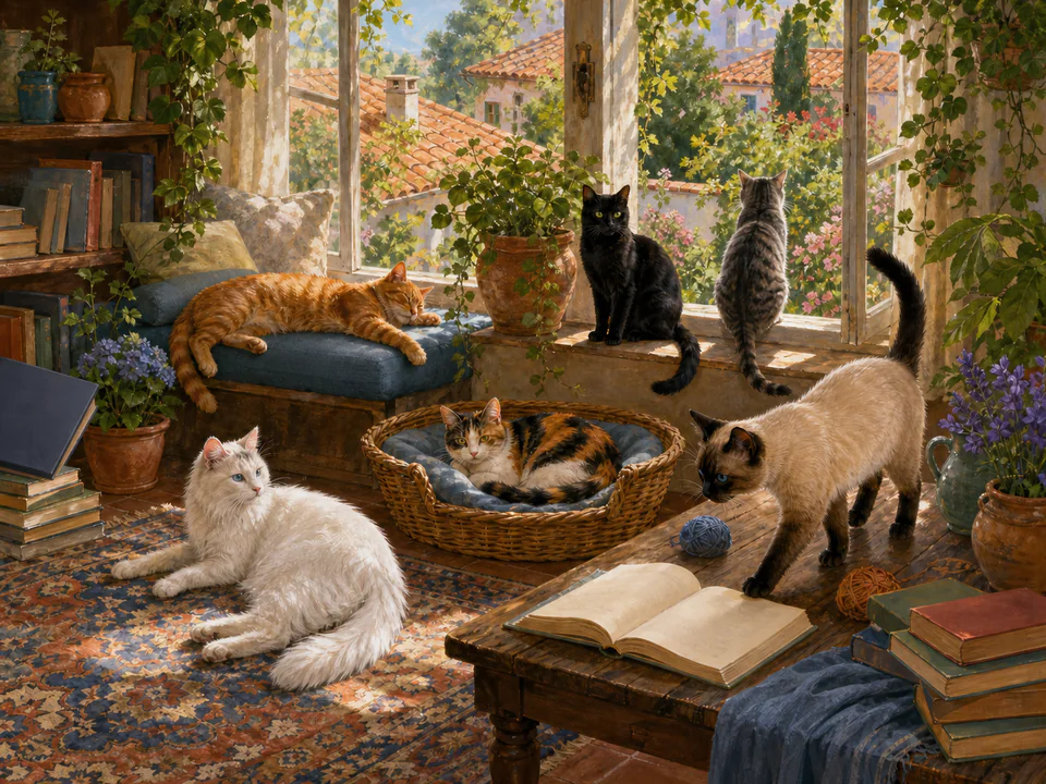 Sunny Cats by the Window, an illustrated cats & animals jigsaw puzzle scene