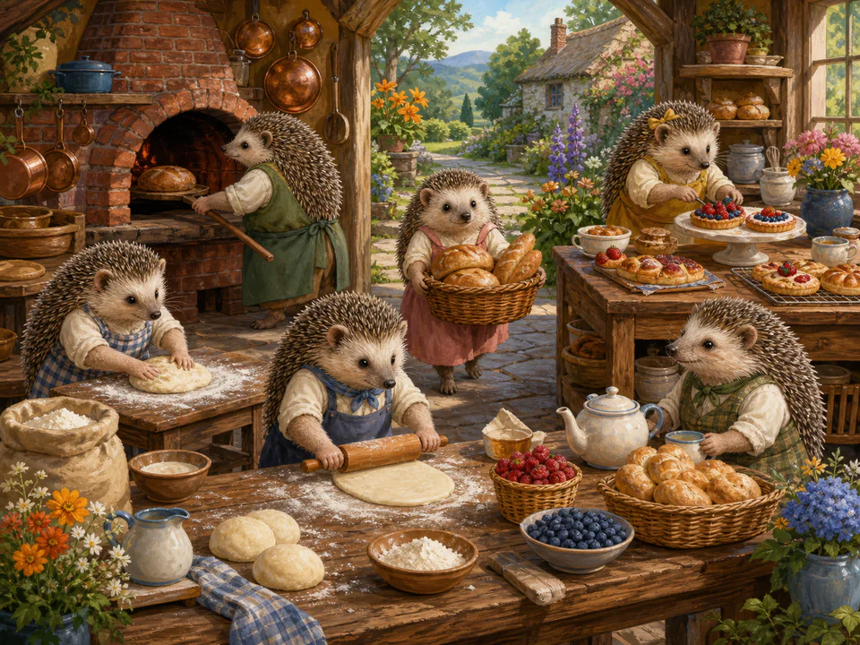 Sunny Hedgehog Bakery, an illustrated cats & animals jigsaw puzzle scene