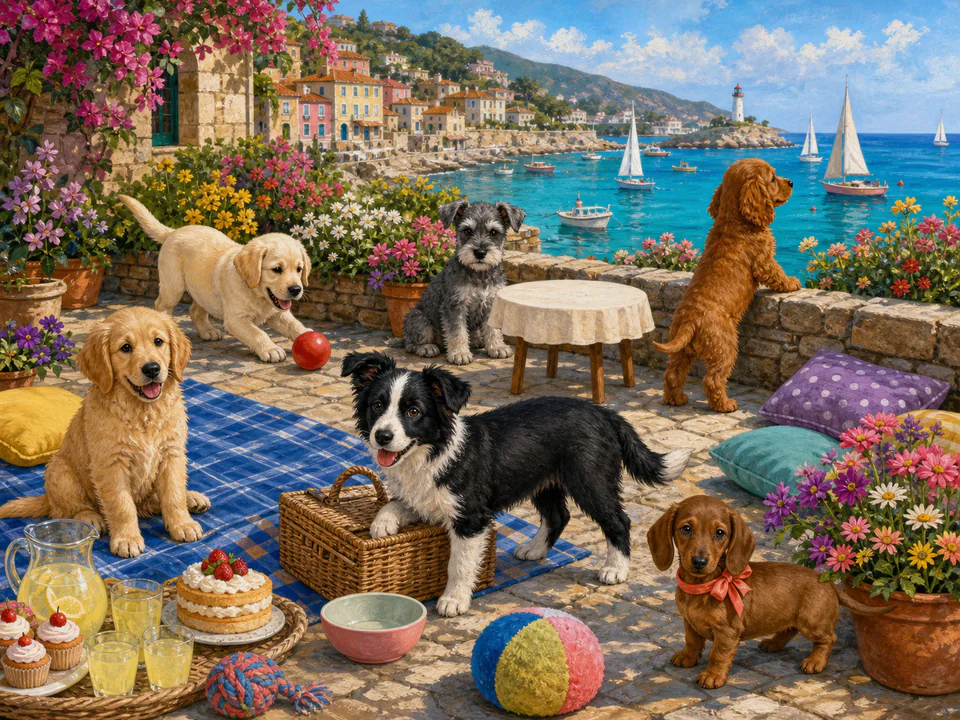 Sunny Seaside Puppies, an illustrated cats & animals jigsaw puzzle scene