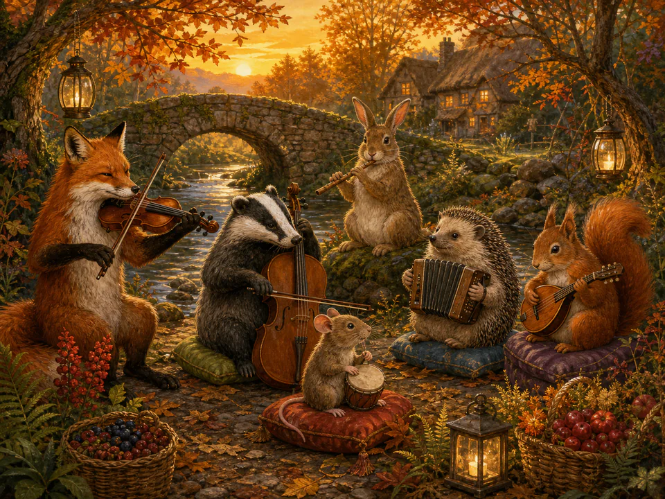 Sunny Woodland Musicians, an illustrated cats & animals jigsaw puzzle scene