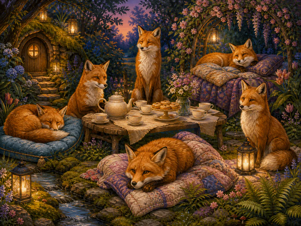 Festive Fox Tea Party, an illustrated cats & animals jigsaw puzzle scene