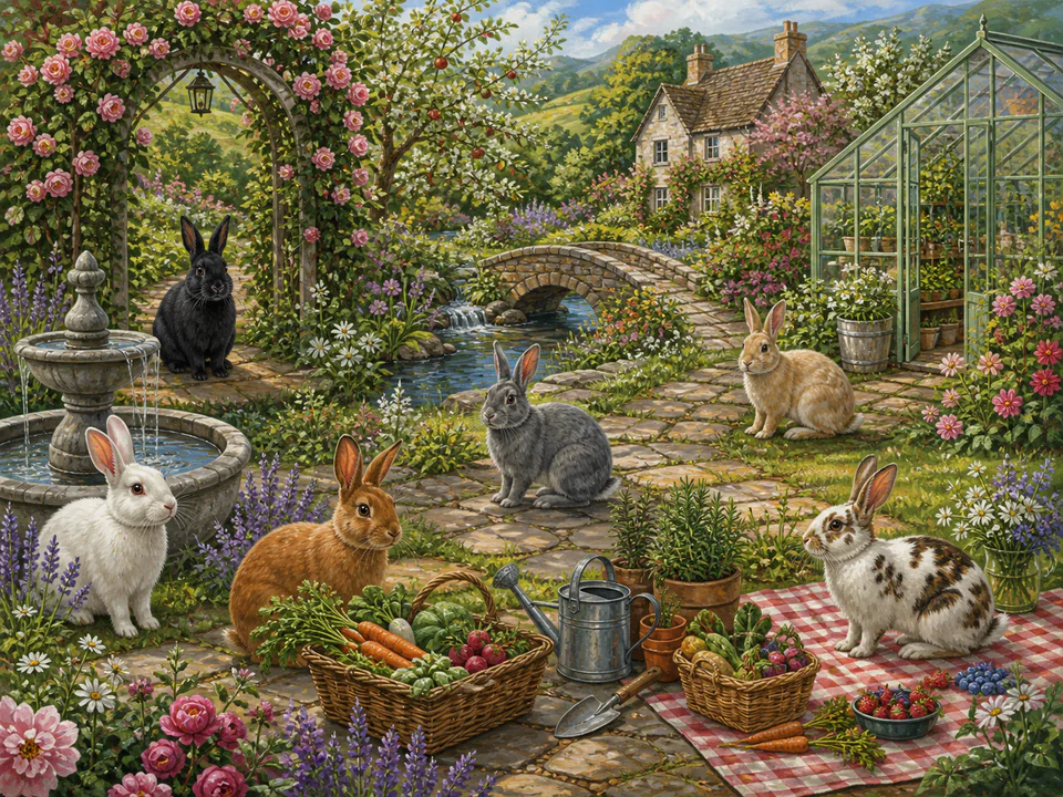 Festive Garden Rabbits, an illustrated cats & animals jigsaw puzzle scene