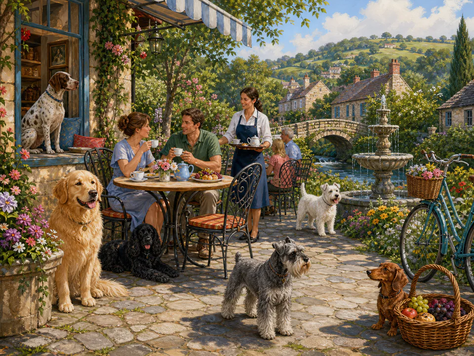Festive Dogs at the Café, an illustrated cats & animals jigsaw puzzle scene