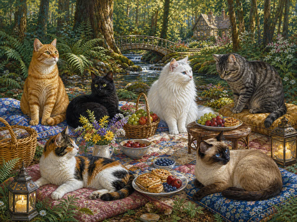 Festive Forest Picnic, an illustrated cats & animals jigsaw puzzle scene
