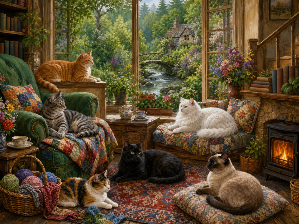 Festive Cats by the Window, an illustrated cats & animals jigsaw puzzle scene