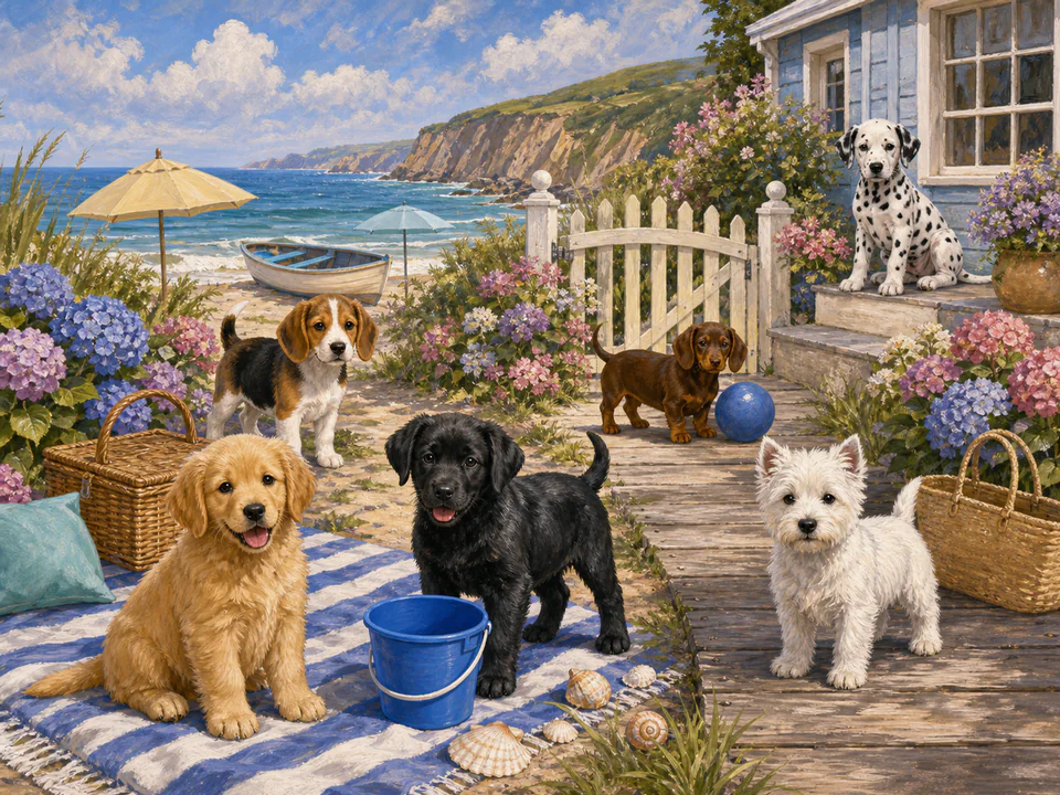 Festive Seaside Puppies, an illustrated cats & animals jigsaw puzzle scene