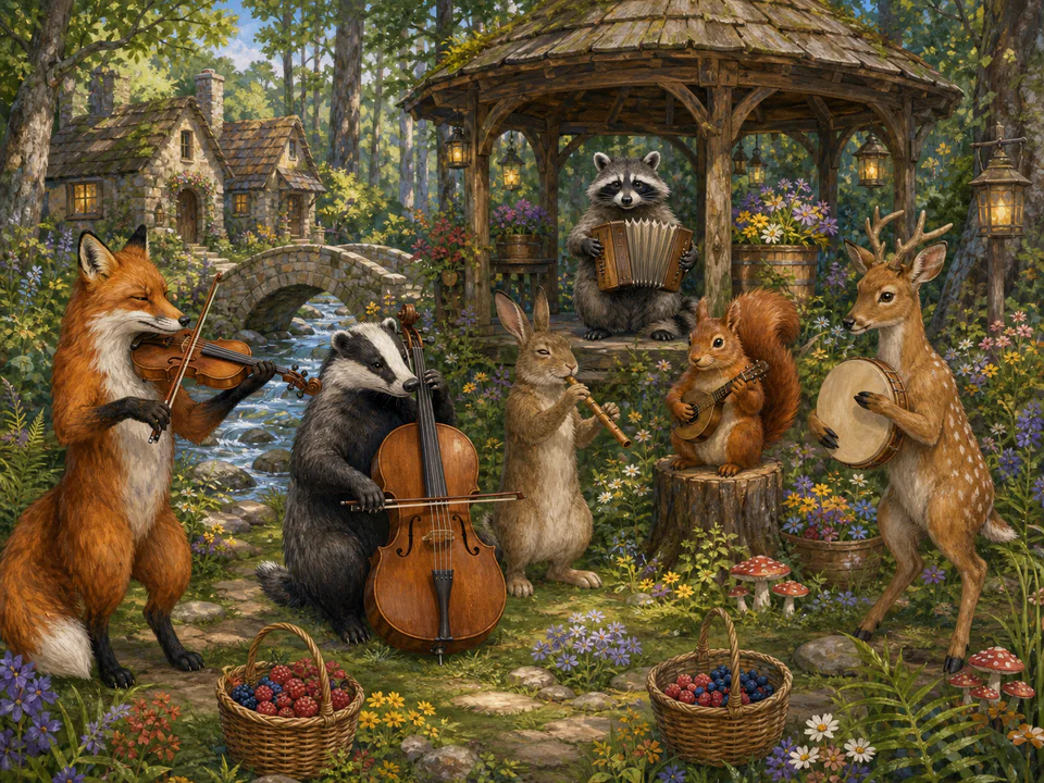 Festive Woodland Musicians, an illustrated cats & animals jigsaw puzzle scene