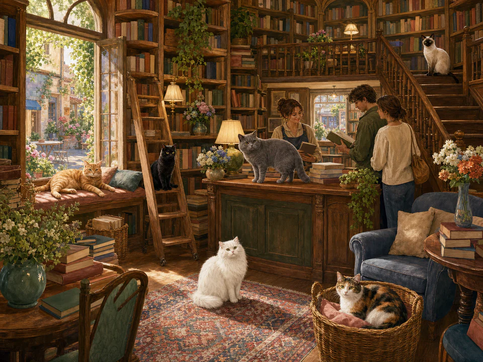 Tiny Cats in a Bookshop, an illustrated cats & animals jigsaw puzzle scene