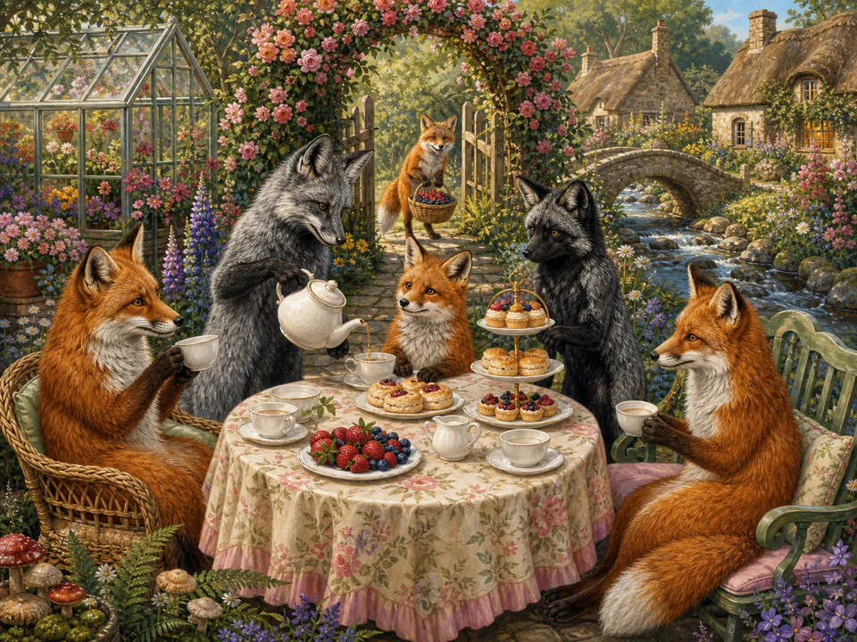 Tiny Fox Tea Party, an illustrated cats & animals jigsaw puzzle scene