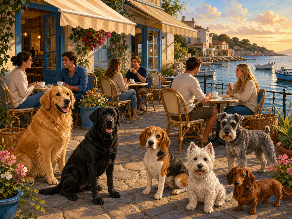 Tiny Dogs at the Café, an illustrated cats & animals jigsaw puzzle scene