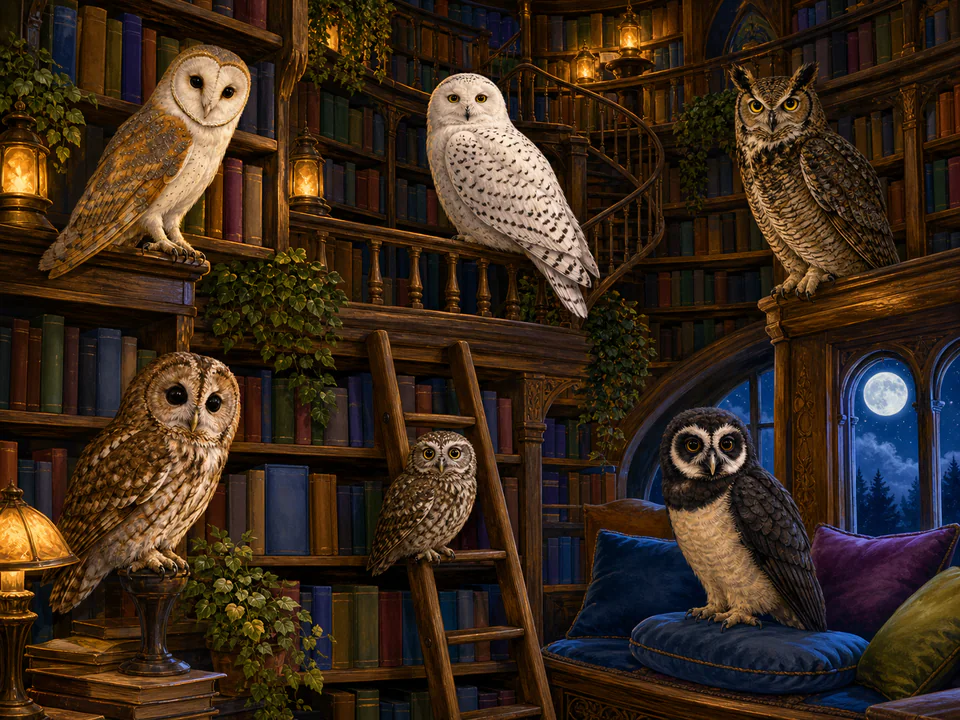 Tiny Owls in the Library, an illustrated cats & animals jigsaw puzzle scene