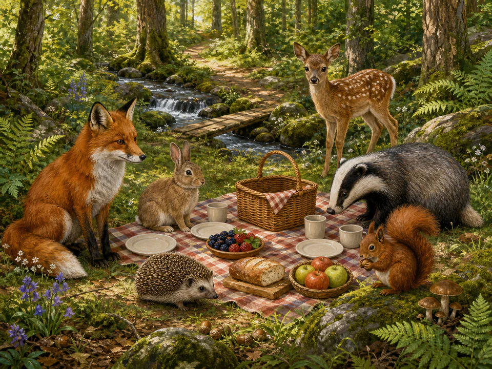 Tiny Forest Picnic, an illustrated cats & animals jigsaw puzzle scene