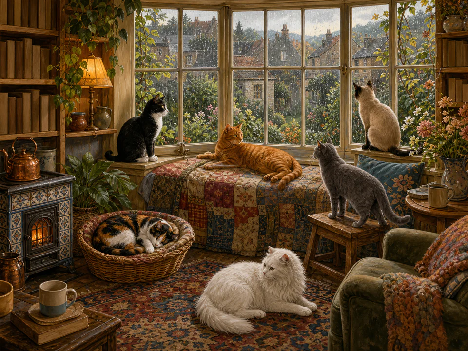 Tiny Cats by the Window, an illustrated cats & animals jigsaw puzzle scene