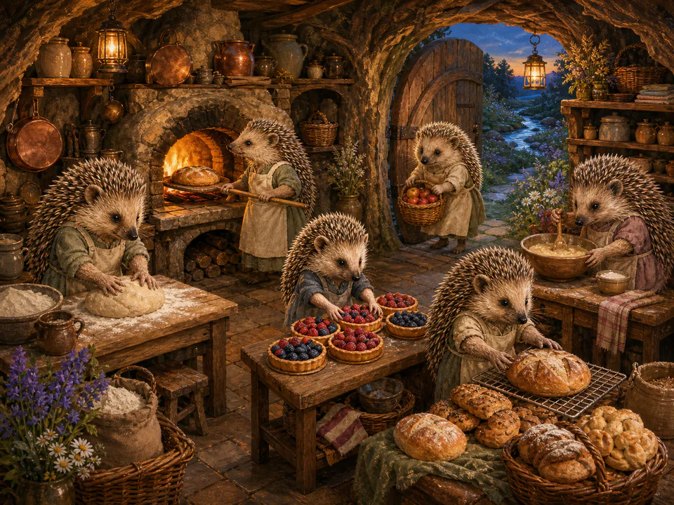 Tiny Hedgehog Bakery, an illustrated cats & animals jigsaw puzzle scene