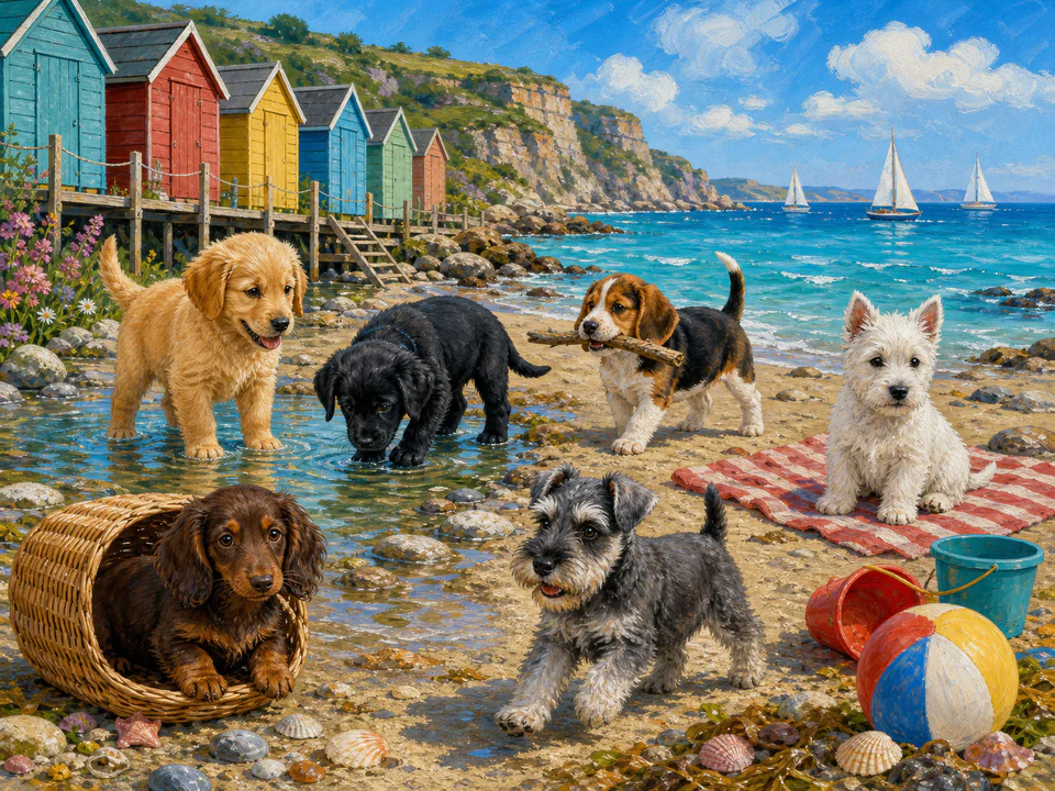 Tiny Seaside Puppies, an illustrated cats & animals jigsaw puzzle scene