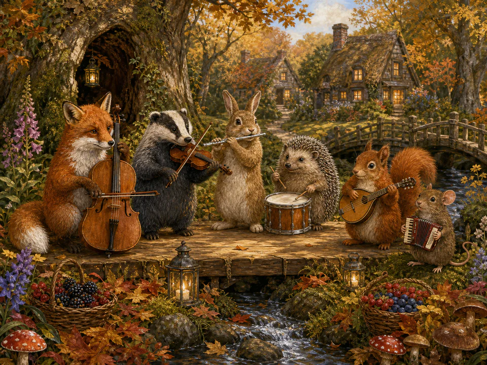 Tiny Woodland Musicians, an illustrated cats & animals jigsaw puzzle scene