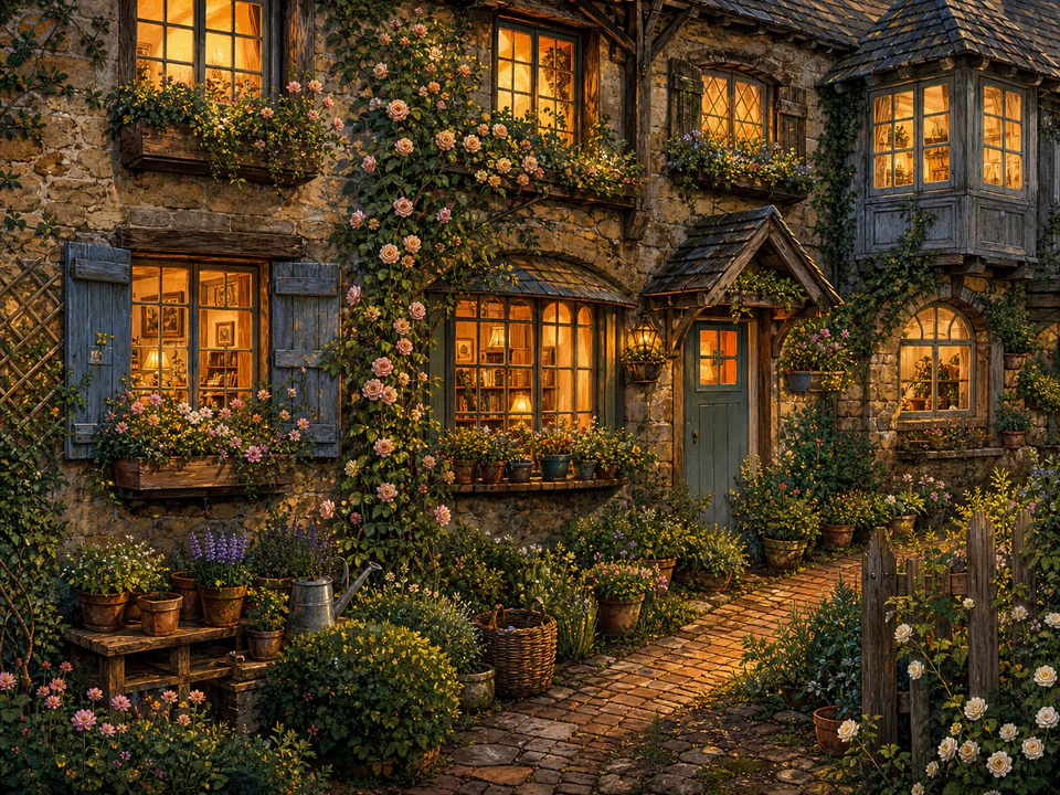 Amber Window Garden, an illustrated cozy cottages jigsaw puzzle scene