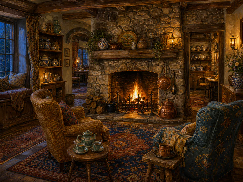 Amber Stone Hearth, an illustrated cozy cottages jigsaw puzzle scene