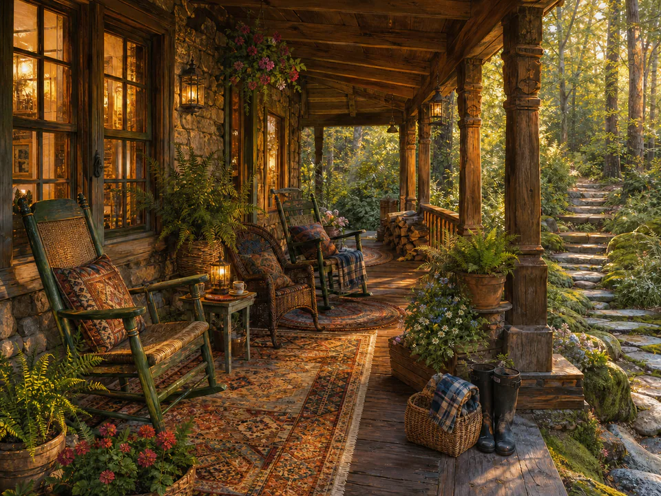 Amber Woodland Porch, an illustrated cozy cottages jigsaw puzzle scene