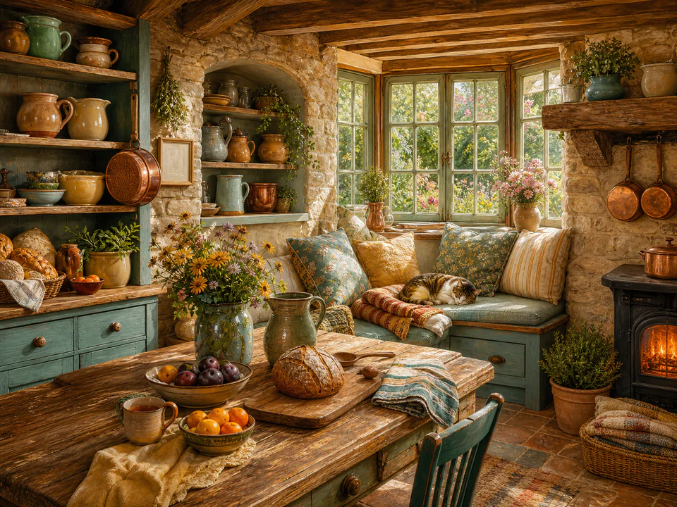 Amber Kitchen Nook, an illustrated cozy cottages jigsaw puzzle scene